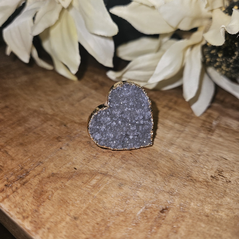 Heart Druzy Stud Ring - Gray Crystal with Gold Trim